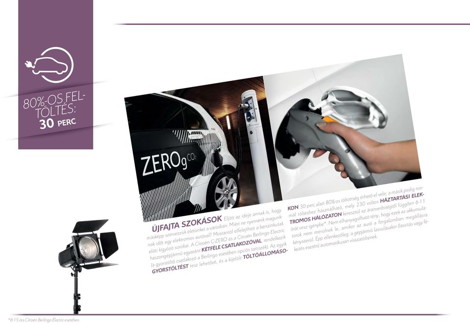 A Citroën C-ZERO és a Citroën Berlingo Electric haszongépjármű egyaránt KÉTFÉLE CSATLAKOZÓVAL, rendelkezik (a gyorstöltő csatlakozó a Berlingo esetében opciós tartozék).