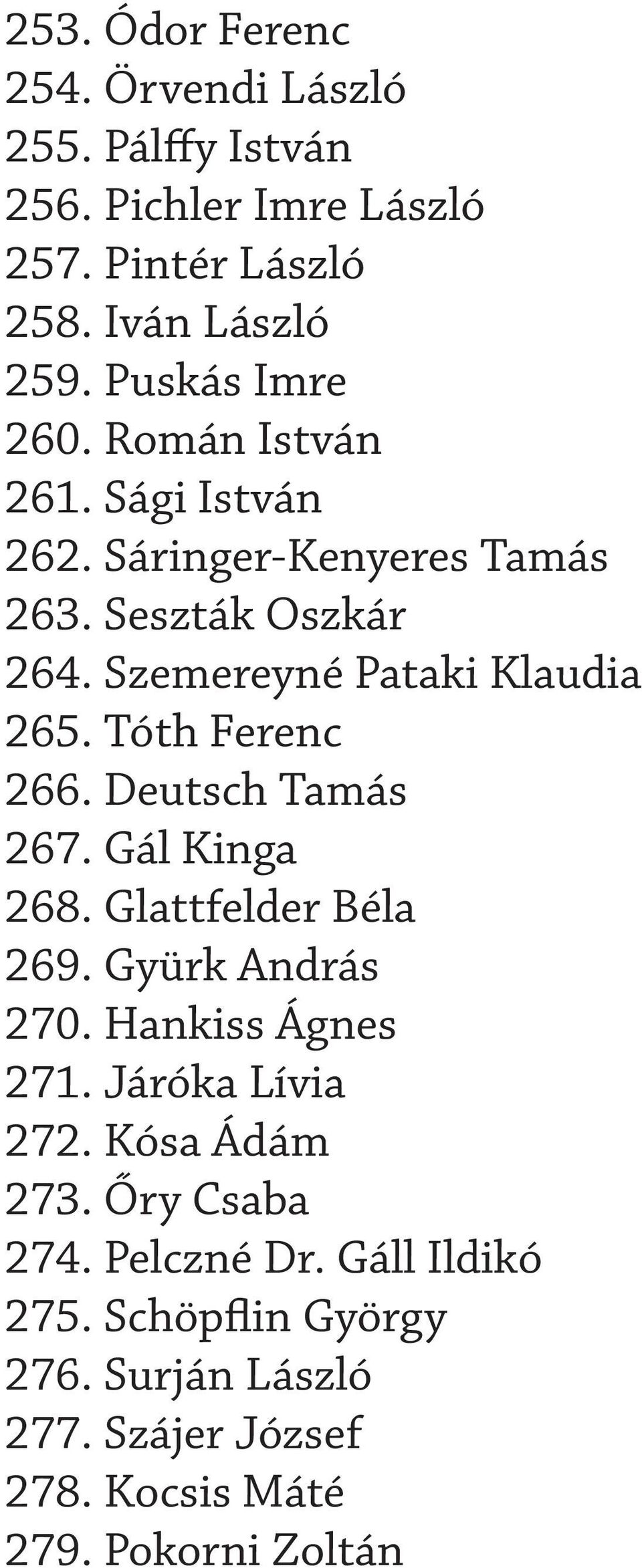 Tóth Ferenc 266. Deutsch Tamás 267. Gál Kinga 268. Glattfelder Béla 269. Gyürk András 270. Hankiss Ágnes 271. Járóka Lívia 272.