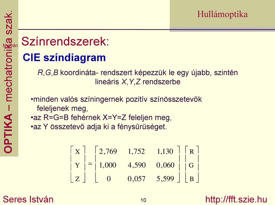 X,Y,Z rendszerbe minden valós színingernek pozitív színösszetevők feleljenek meg, az