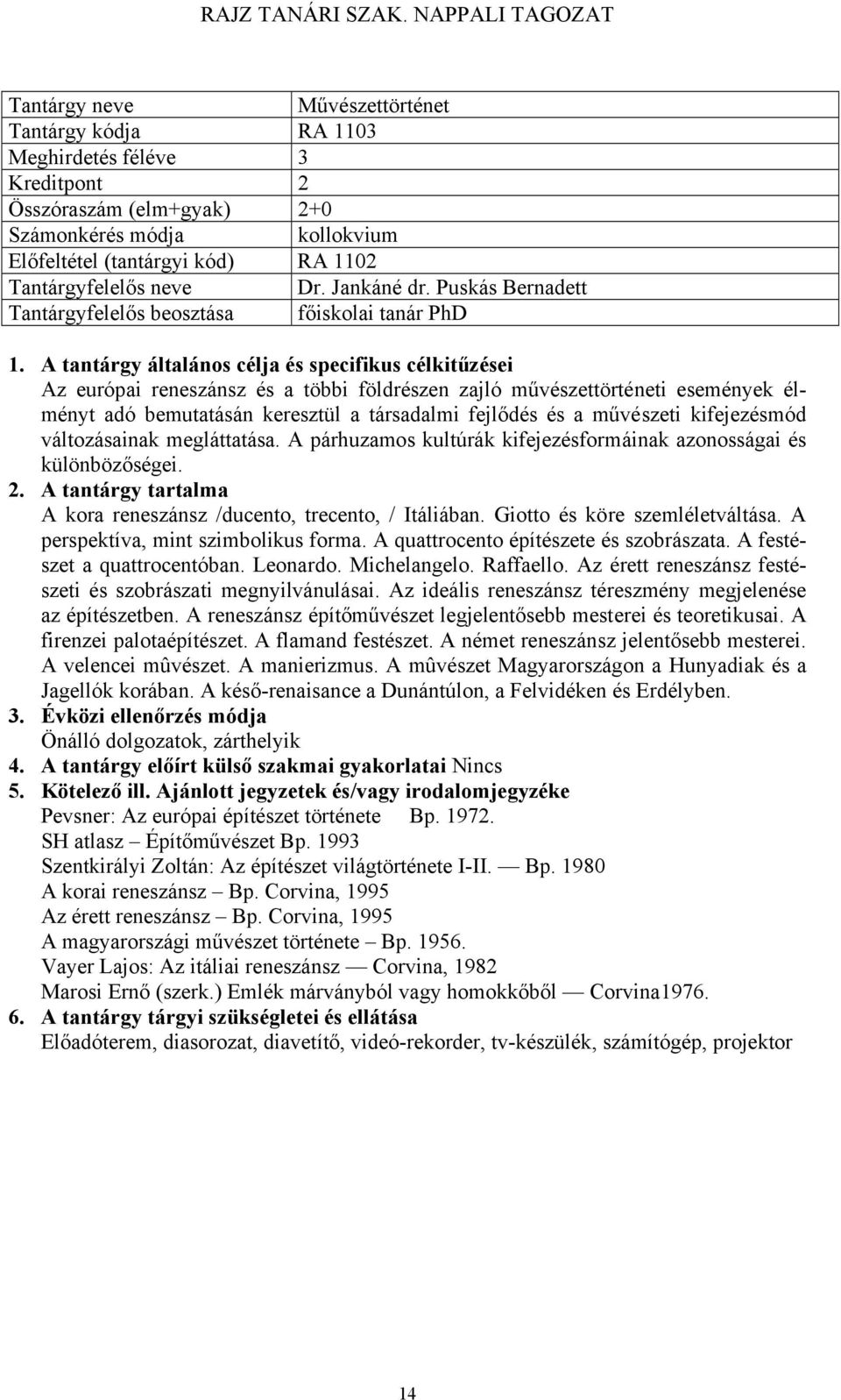 A tantárgy általános célja és specifikus célkitűzései Az európai reneszánsz és a többi földrészen zajló művészettörténeti események élményt adó bemutatásán keresztül a társadalmi fejlődés és a