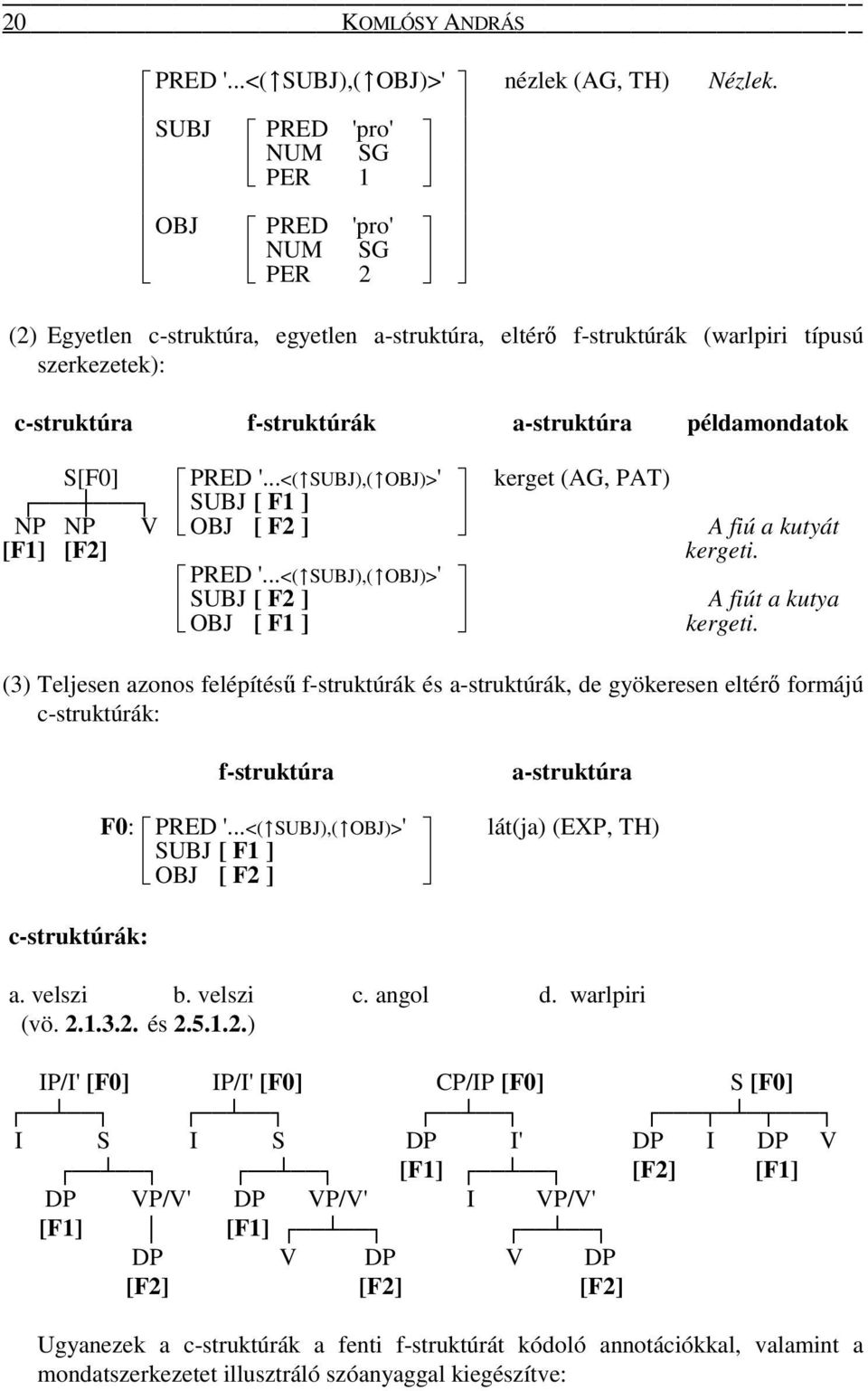 példamondatok S[F0] PRED '...<( SUBJ),( OBJ)>' kerget (AG, PAT) SUBJ [ F1 ] NP NP V OBJ [ F2 ] A fiú a kutyát [F1] [F2] kergeti. PRED '...<( SUBJ),( OBJ)>' SUBJ [ F2 ] A fiút a kutya OBJ [ F1 ] kergeti.