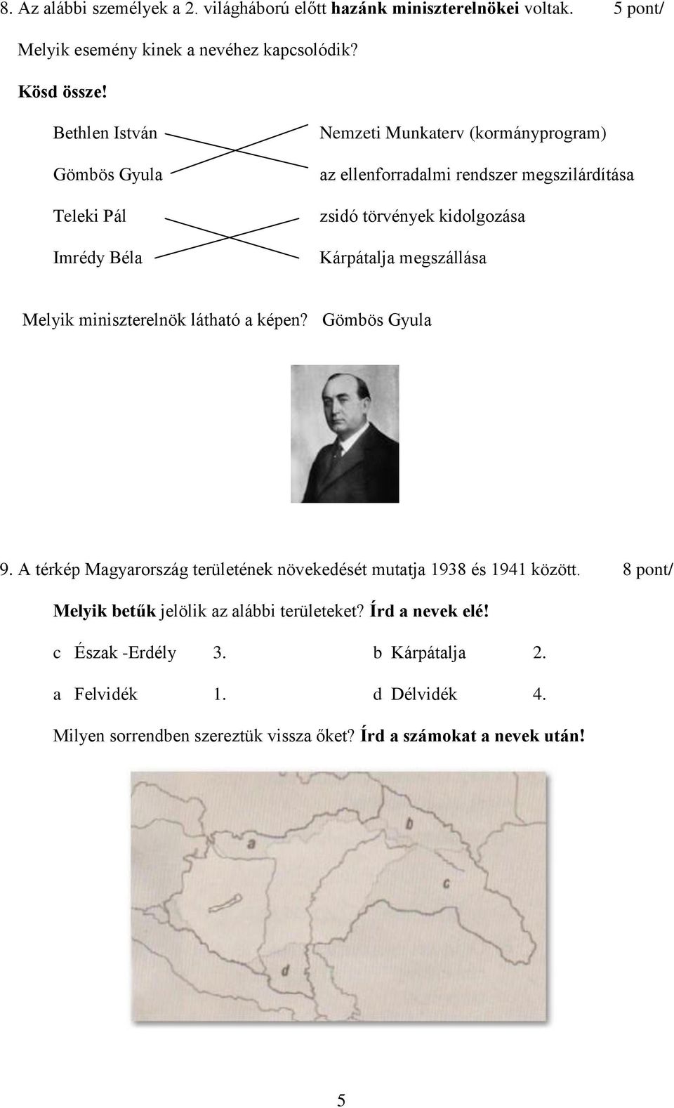 Kárpátalja megszállása Melyik miniszterelnök látható a képen? Gömbös Gyula 9. A térkép Magyarország területének növekedését mutatja 1938 és 1941 között.