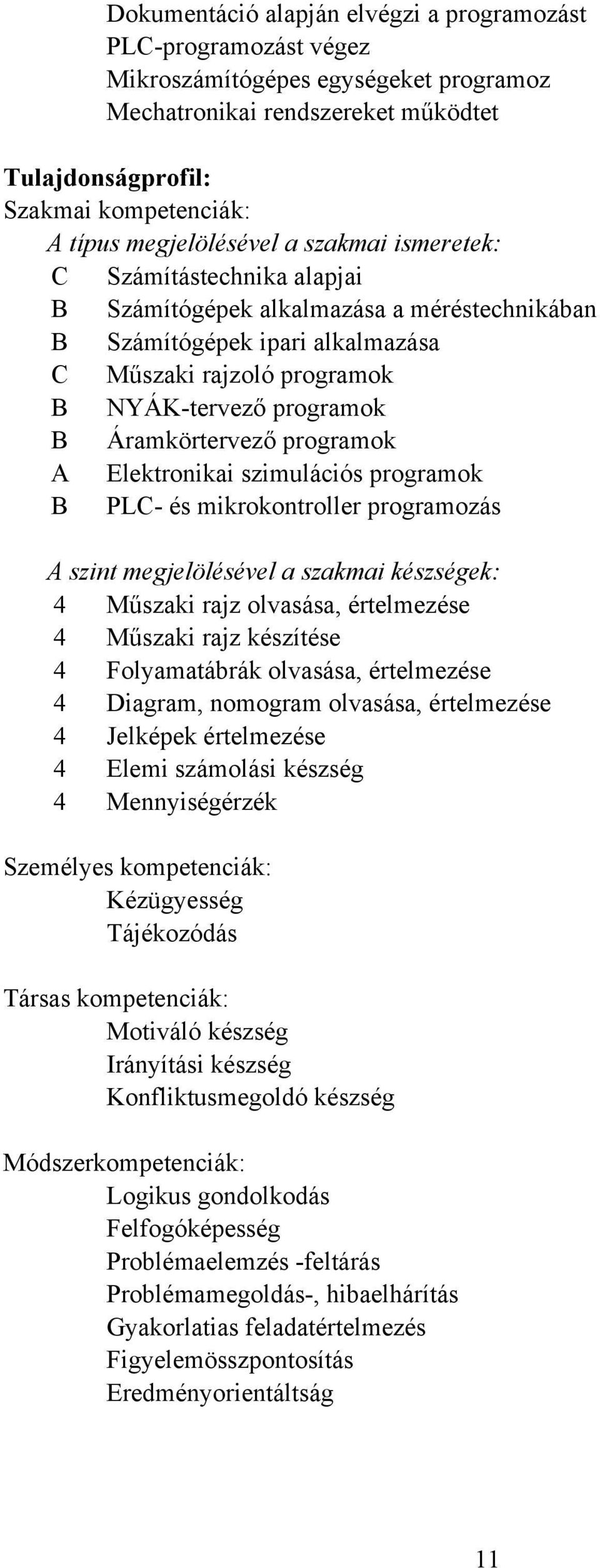 programok A Elektronikai szimulációs programok PL- és mikrokontroller programozás A szint megjelölésével a szakmai készségek: 4 Műszaki rajz olvasása, értelmezése 4 Műszaki rajz készítése 4