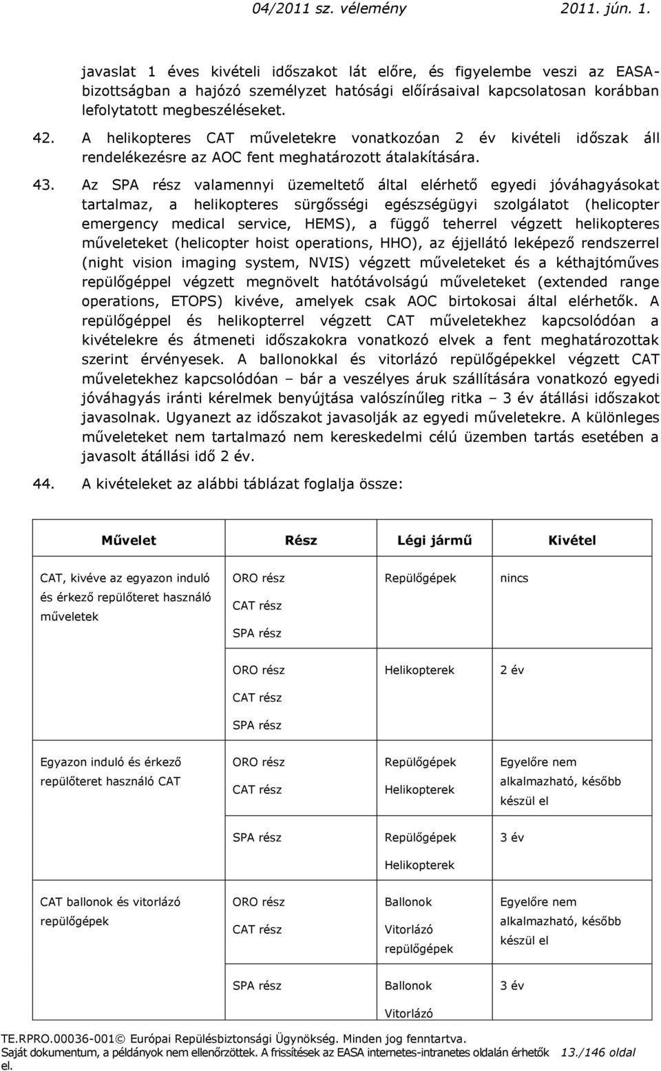 Az SPA rész valamennyi üzemeltető által elérhető egyedi jóváhagyásokat tartalmaz, a helikopteres sürgősségi egészségügyi szolgálatot (helicopter emergency medical service, HEMS), a függő teherrel