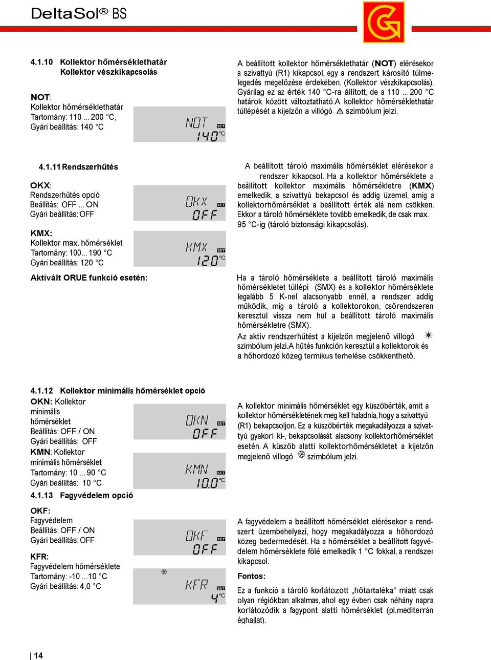 (Kollektor vészkikapcsolás). Gyárilag ez az érték 140 C-ra állított, de a 110... 200 C határok között változtatható.a kollektor hőmérséklethatár túllépését a kijelzőn a villógó szimbólum jelzi. 4.1.11 Rendszerhűtés A beállított tároló maximális hőmérséklet elérésekor a rendszer kikapcsol.