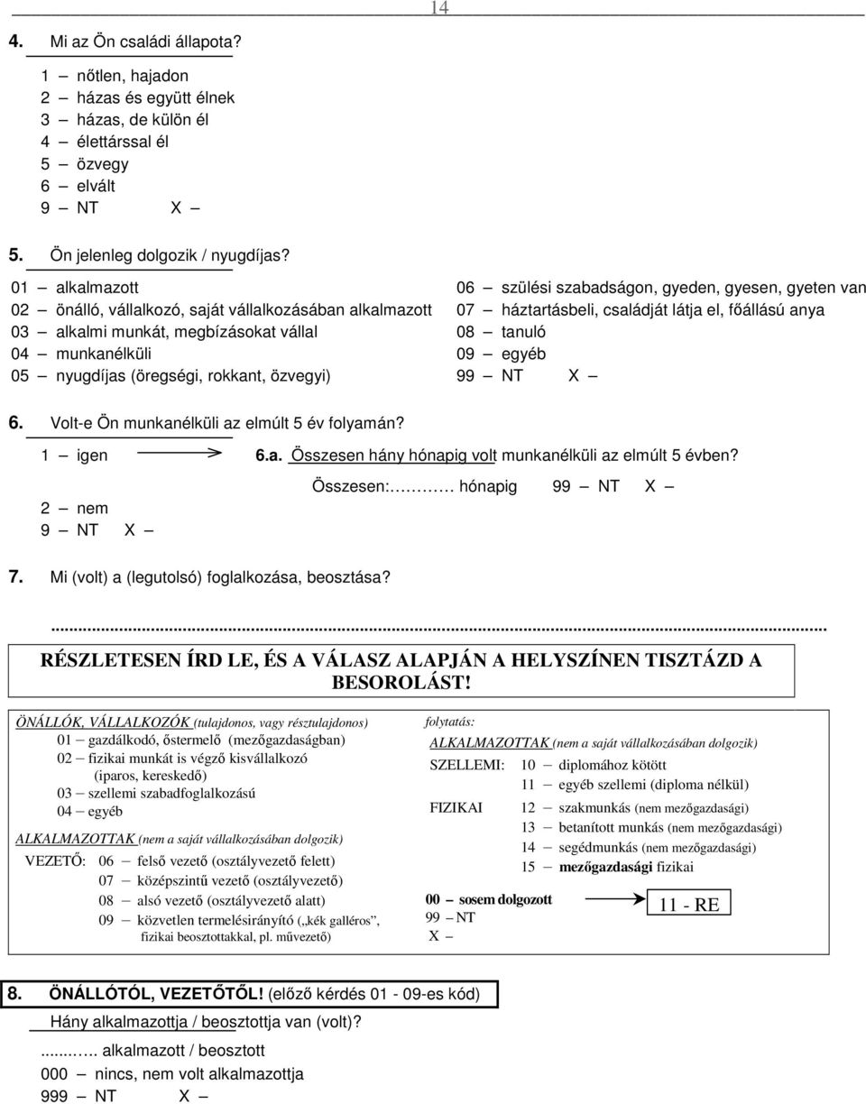 gyeden, gyesen, gyeten van 07 háztartásbeli, családját látja el, fıállású anya 08 tanuló 09 egyéb 99 NT X 6. Volt-e Ön munkanélküli az elmúlt 5 év folyamán? 1 igen 6.a. Összesen hány hónapig volt munkanélküli az elmúlt 5 évben?