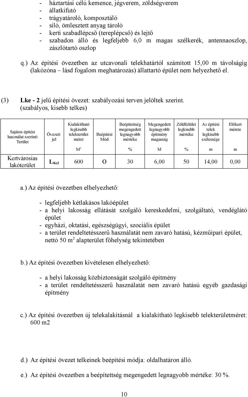 (3) Lke - 2 jelű építési övezet: szabályozási terven jelöltek szerint.