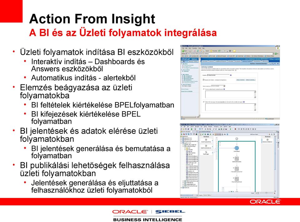 kifejezések kiértékelése BPEL folyamatban BI jelentések és adatok elérése üzleti folyamatokban BI jelentések generálása és bemutatása a