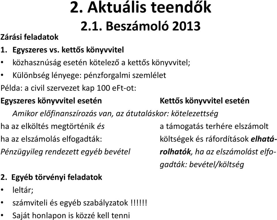Beszámoló 2013 közhasznúság esetén kötelező a kettős könyvvitel; Különbség lényege: pénzforgalmi szemlélet Példa: a civil szervezet kap 100 eft-ot: Egyszeres