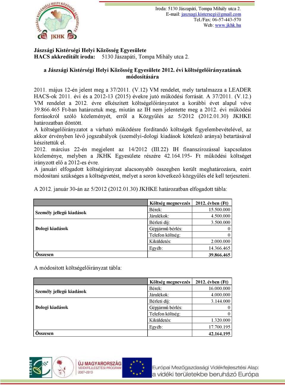 évre elkészített költségelıirányzatot a korábbi évet alapul véve 39.866.465 Ft-ban határoztuk meg, miután az IH nem jelentette meg a 2012.