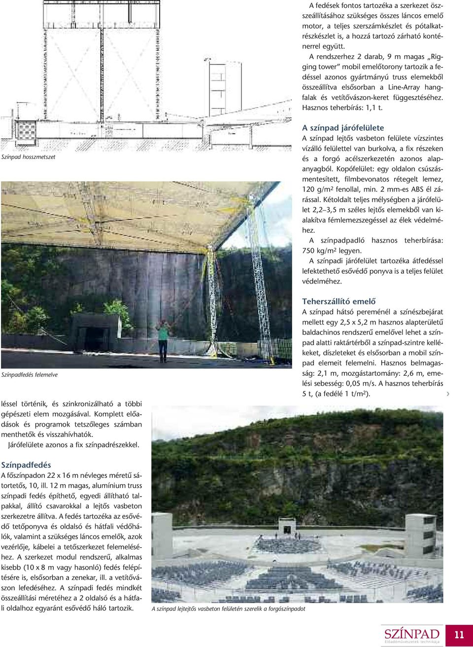 függesztéséhez. Hasznos teherbírás: 1,1 t. Színpad hosszmetszet Színpadfedés felemelve léssel történik, és szinkronizálható a többi gépészeti elem mozgásával.
