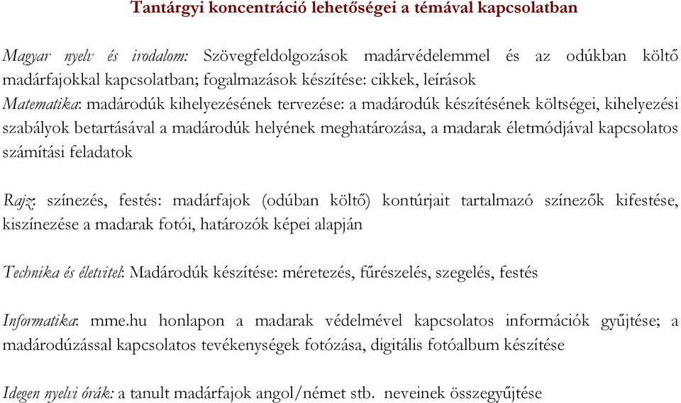 számítási feladatok Rajz: színezés, festés: madárfajok (odúban költő) kontúrjait tartalmazó színezők kifestése, kiszínezése a madarak fotói, határozók képei alapján Technika és életvitel: Madárodúk