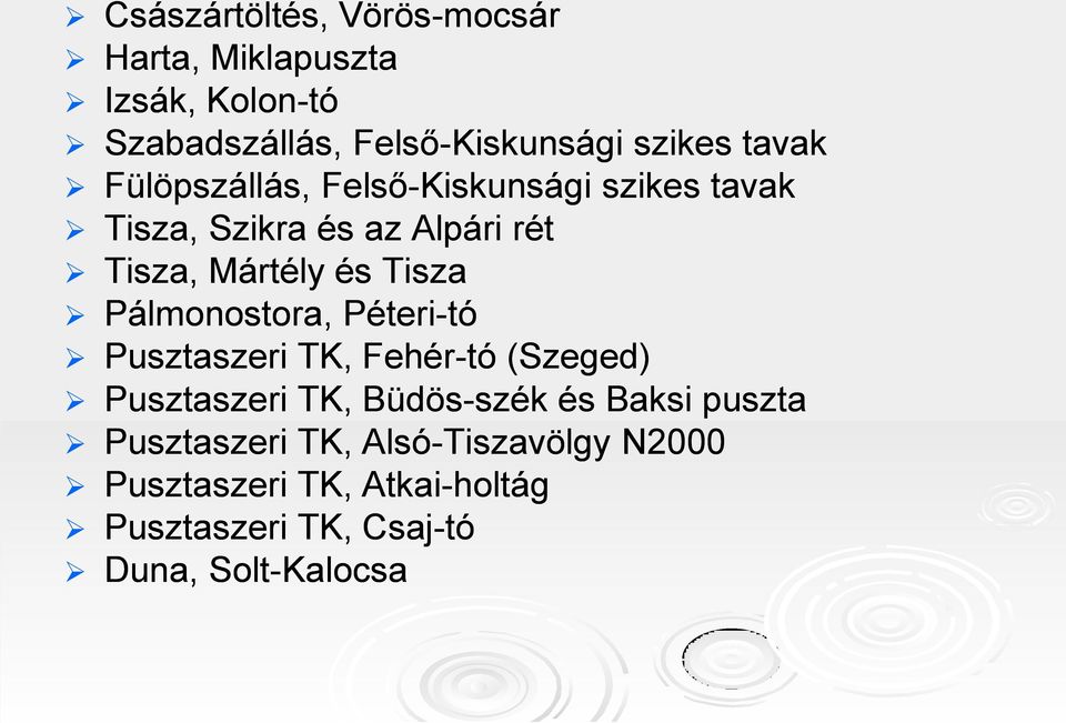 Pálmonostora, Péteri-tótó Pusztaszeri TK, Fehér-tó (Szeged) Pusztaszeri TK, Büdös-szék szék és Baksi