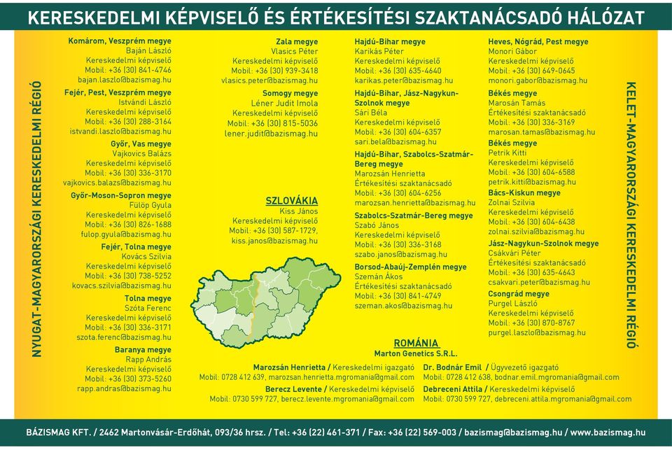 hu Gyôr-Moson-Sopron megye Fülöp Gyula Mobil: +3 (3) 8-188 fulop.gyula@bazismag.hu Fejér, Tolna megye Kovács Szilvia Mobil: +3 (3) 738-55 kovacs.szilvia@bazismag.