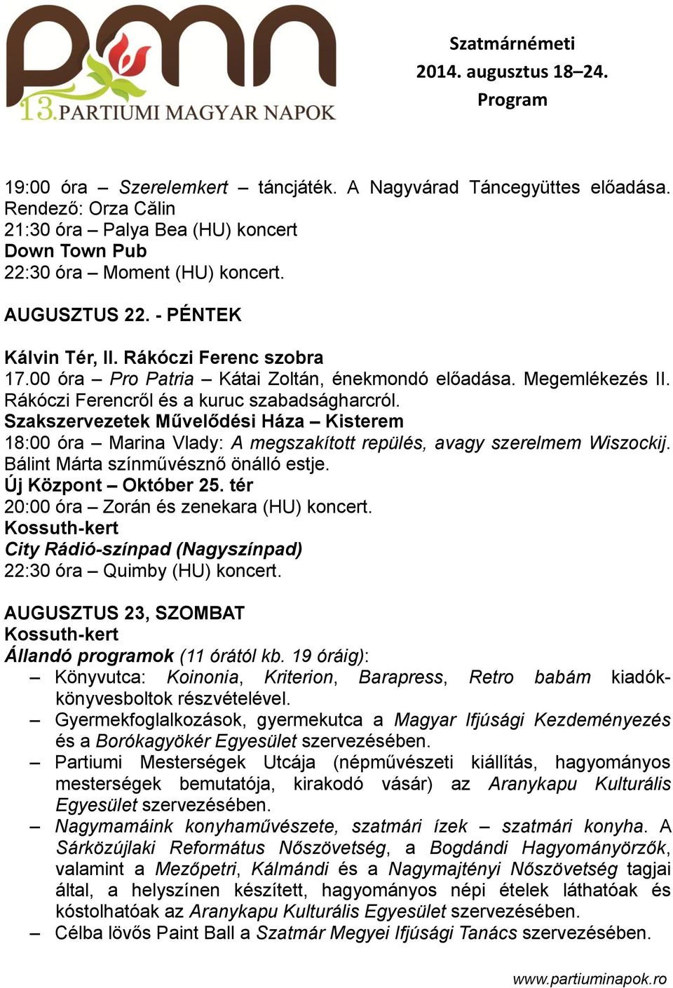 Szatmárnémeti augusztus Program - PDF Ingyenes letöltés