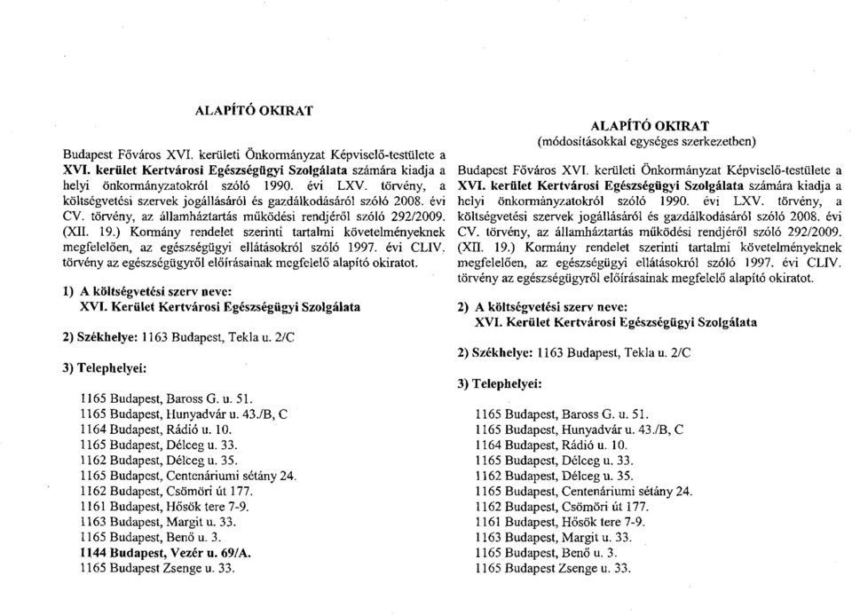 ) Kormány rendelet szerinti tartalmi követelményeknek megfelelően, az egészségügyi ellátásokról szóló 1997. évi CLIV. törvény az egészségügyről előírásainak megfelelő alapító okiratot.