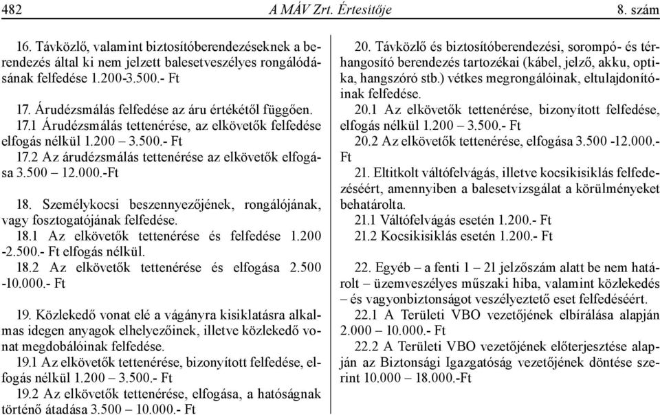 000.-Ft 18. Személykocsi beszennyezőjének, rongálójának, vagy fosztogatójának felfedése. 18.1 Az elkövetők tettenérése és felfedése 1.200-2.500.- Ft elfogás nélkül. 18.2 Az elkövetők tettenérése és elfogása 2.