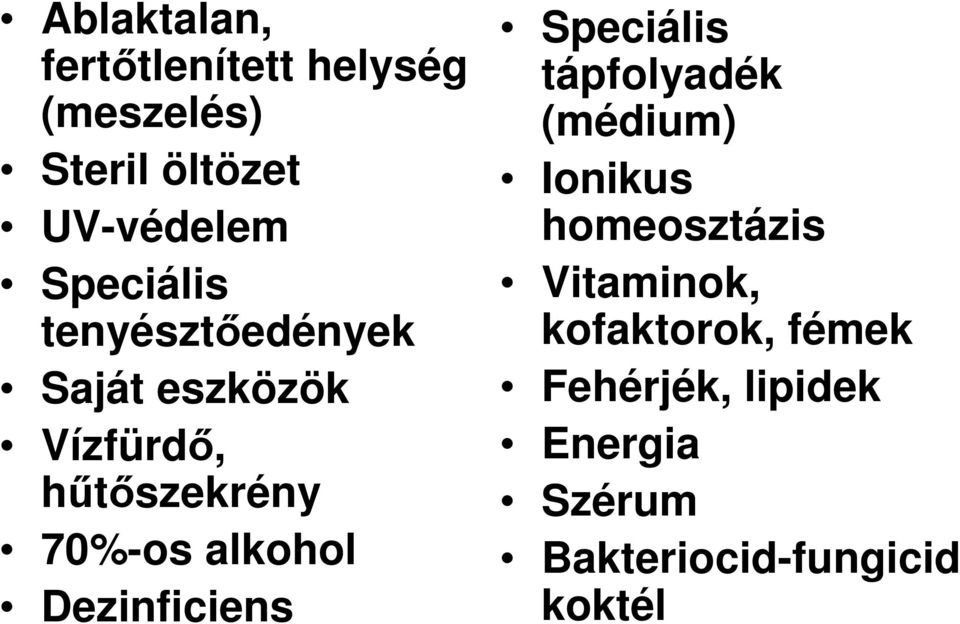 alkohol Dezinficiens Speciális tápfolyadék (médium) Ionikus homeosztázis