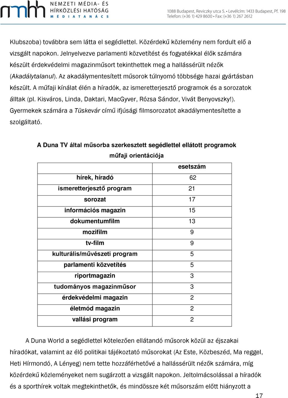 Az akadálymentesített műsorok túlnyomó többsége hazai gyártásban készült. A műfaji kínálat élén a híradók, az ismeretterjesztő programok és a sorozatok álltak (pl.