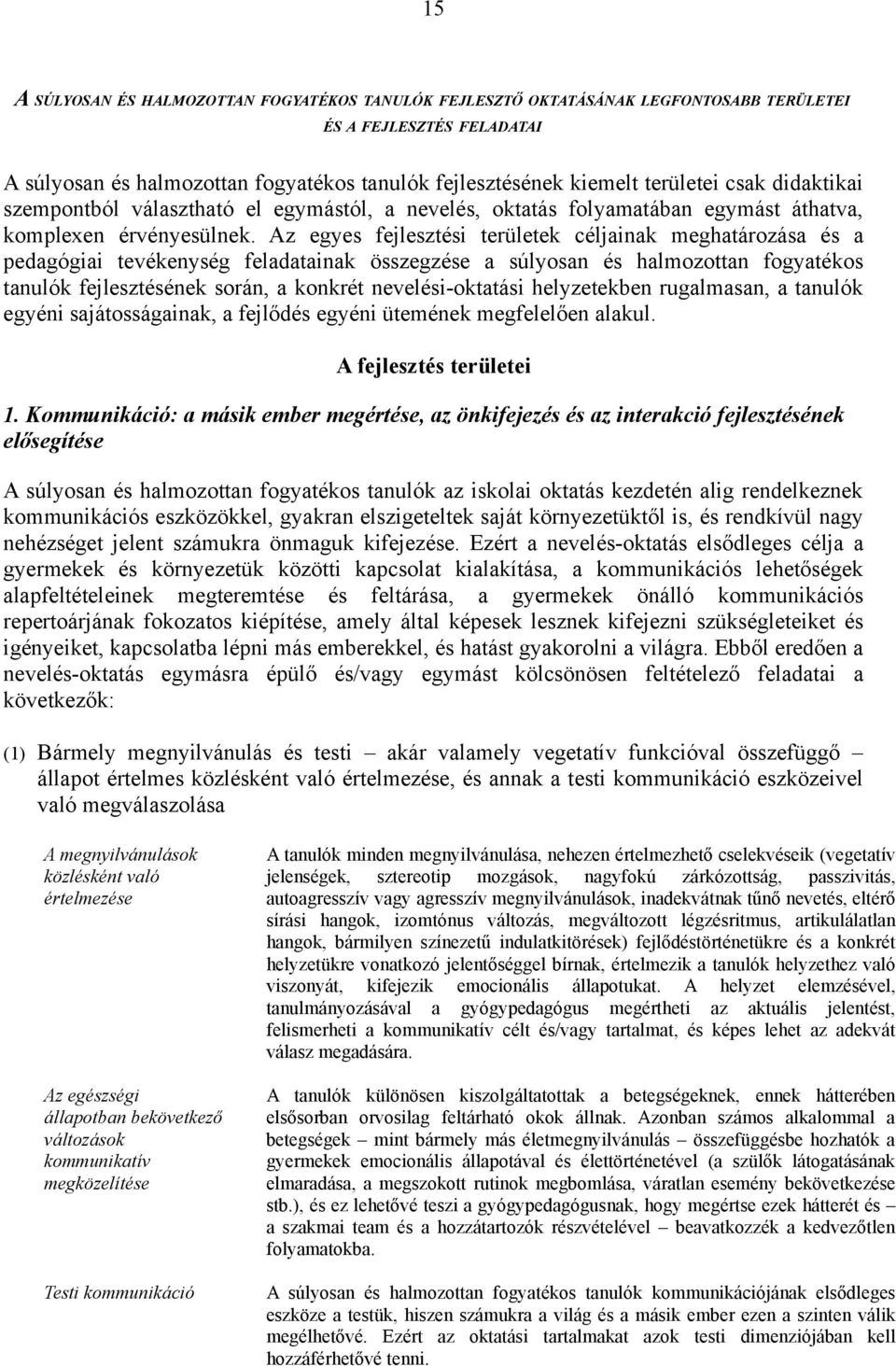 Az egyes fejlesztési területek céljainak meghatározása és a pedagógiai tevékenység feladatainak összegzése a súlyosan és halmozottan fogyatékos tanulók fejlesztésének során, a konkrét