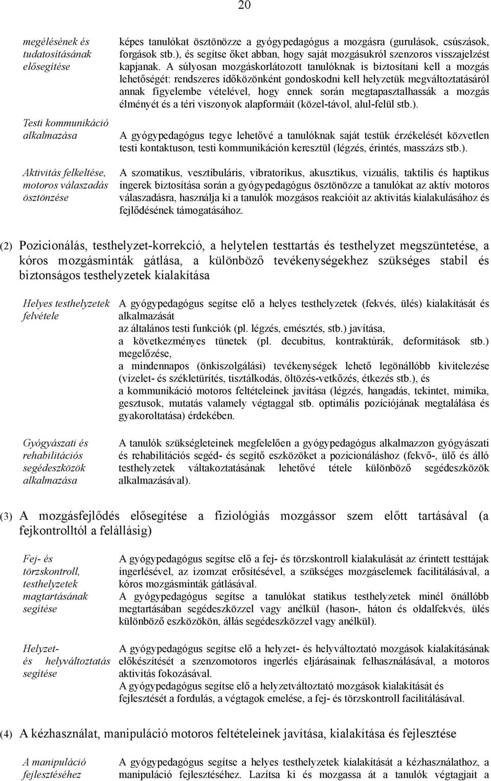 A súlyosan mozgáskorlátozott tanulóknak is biztosítani kell a mozgás lehetőségét: rendszeres időközönként gondoskodni kell helyzetük megváltoztatásáról annak figyelembe vételével, hogy ennek során