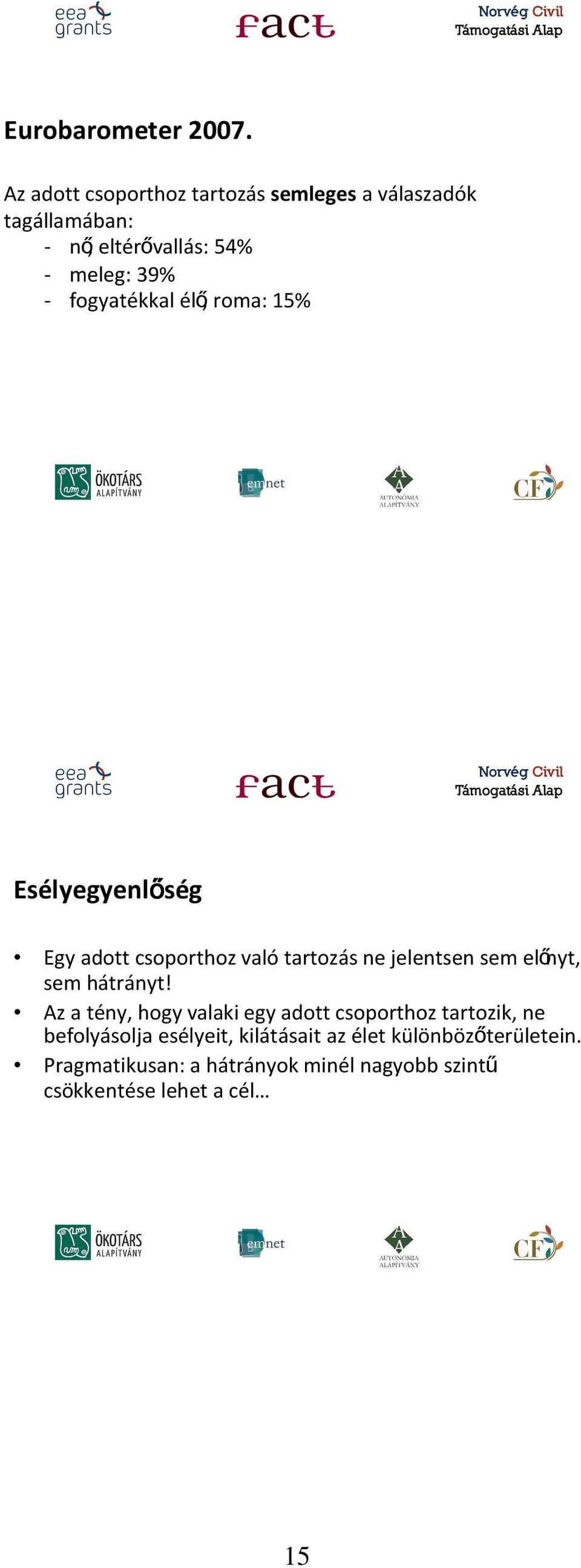 fogyatékkal élő, roma: 15% Esélyegyenlőség Egy adott csoporthoz valótartozás ne jelentsen sem előnyt, sem