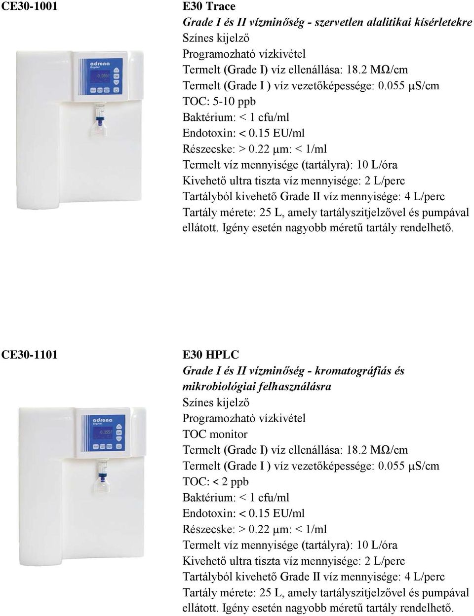 ppb CE30-1101 E30 HPLC Grade I és II vízminőség