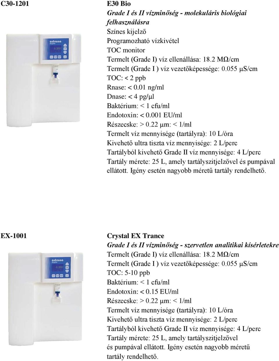 001 EU/ml EX-1001 Crystal EX Trance Grade I és II vízminőség - szervetlen analitikai