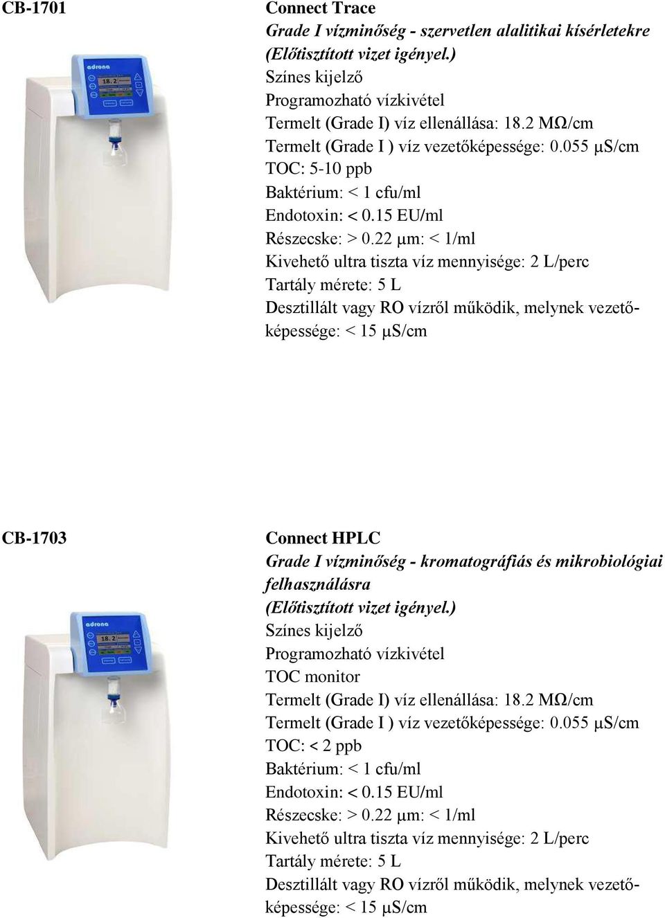 µs/cm CB-1703 Connect HPLC Grade I vízminőség - kromatográfiás és mikrobiológiai felhasználásra