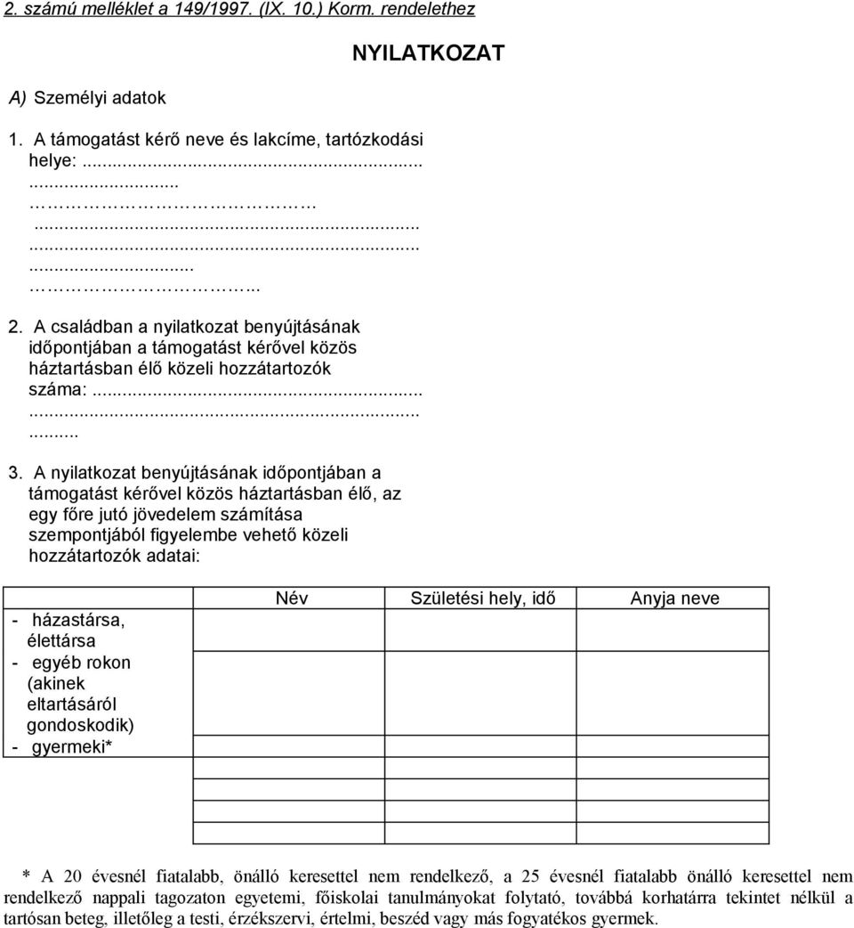 A nyilatkozat benyújtásának időpontjában a támogatást kérővel közös háztartásban élő, az egy főre jutó jövedelem számítása szempontjából figyelembe vehető közeli hozzátartozók adatai: NYILATKOZAT -