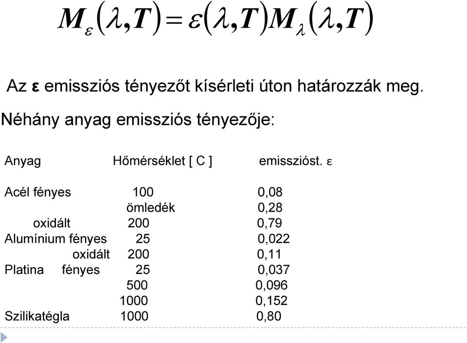 Néhány anyag emissziós tényezője: Anyag Hőmérséklet [ C ] emisszióst.