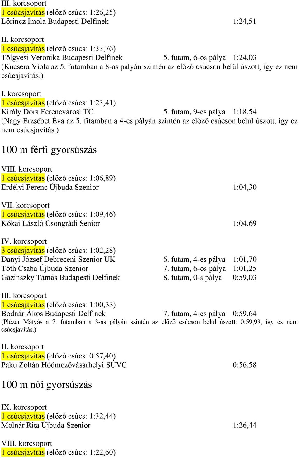 ) 1 csúcsjavítás (előző csúcs: 1:23,41) Király Dóra Ferencvárosi TC 5. futam, 9-es pálya 1:18,54 (Nagy Erzsébet Éva az 5.