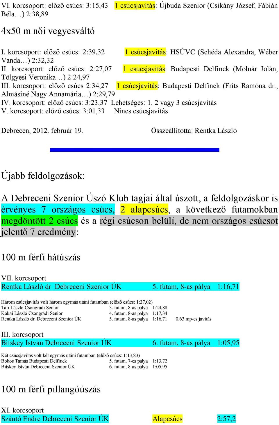 , Almásiné Nagy Annamária ) 2:29,79 : előző csúcs: 3:23,37 Lehetséges: 1, 2 vagy 3 csúcsjavítás V. korcsoport: előző csúcs: 3:01,33 Nincs csúcsjavítás Debrecen, 2012. február 19.