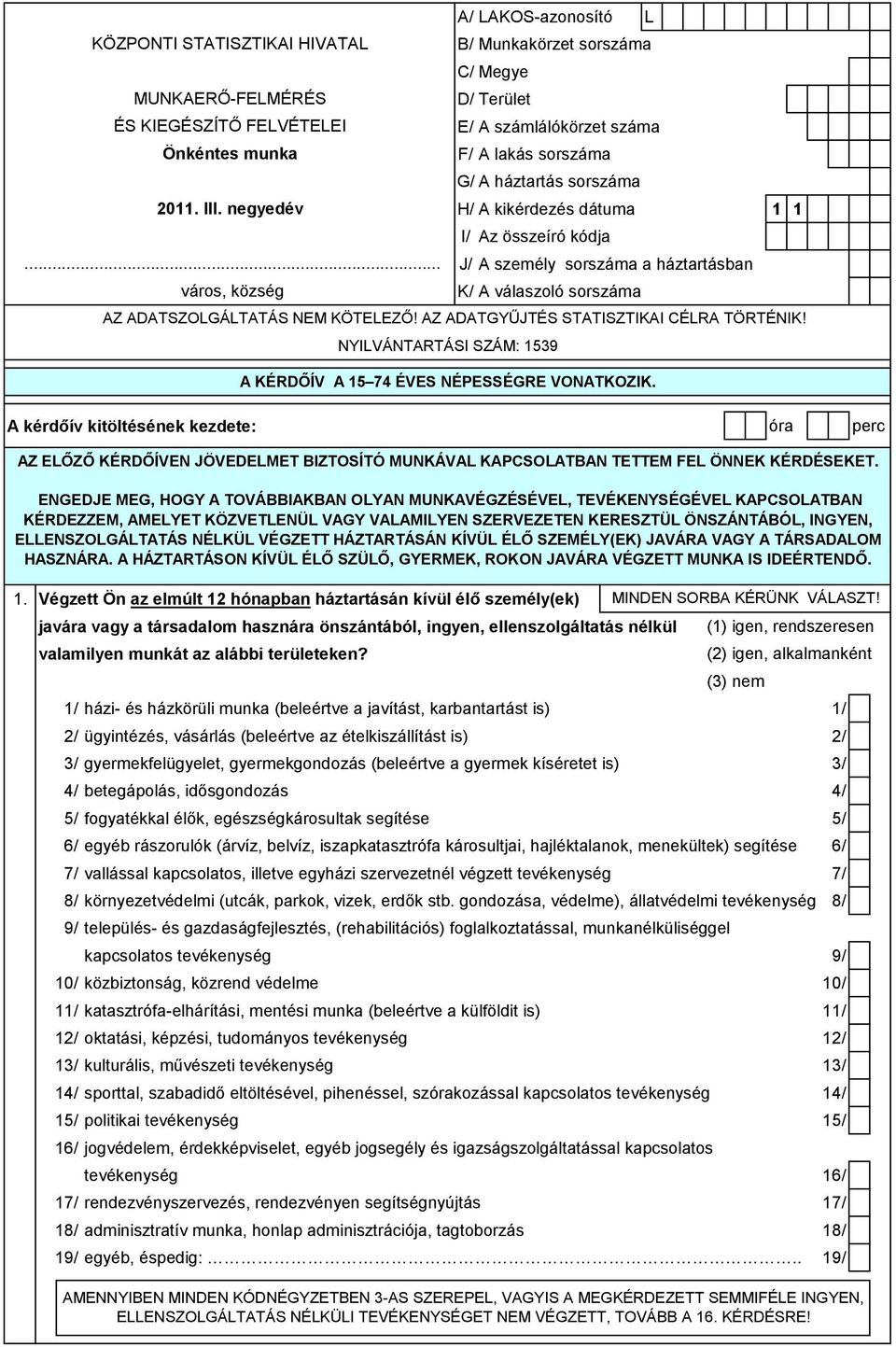 .. város, község I/ Az összeíró kódja J/ A személy sorszáma a háztartásban K/ A válaszoló sorszáma AZ ADATSZOLGÁLTATÁS NEM KÖTELEZŐ! AZ ADATGYŰJTÉS STATISZTIKAI CÉLRA TÖRTÉNIK!