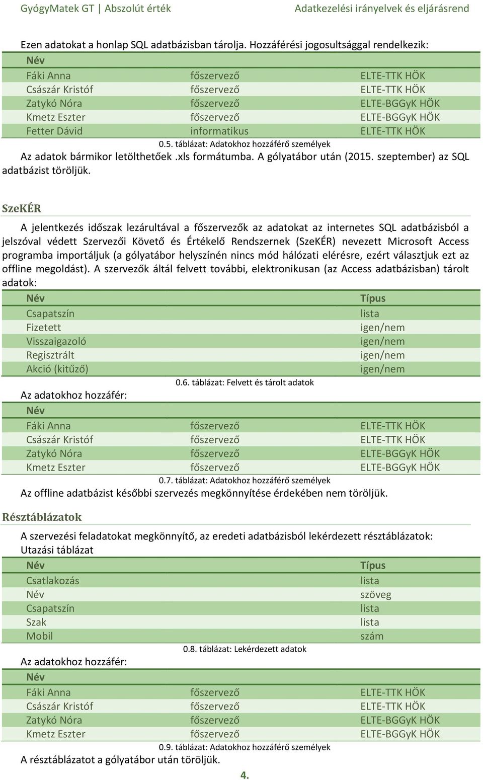 Dávid informatikus ELTE-TTK HÖK 0.5. táblázat: Adatokhoz hozzáférő személyek Az adatok bármikor letölthetőek.xls formátumba. A gólyatábor után (2015. szeptember) az SQL adatbázist töröljük.