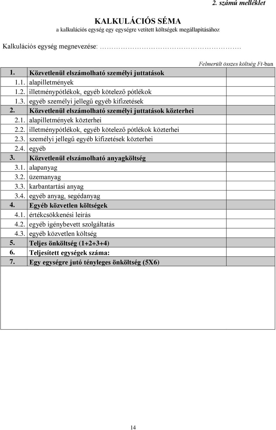 3. személyi jellegű egyéb kifizetések közterhei 2.4. egyéb 3. Közvetlenül elszámolható anyagköltség 3.1. alapanyag 3.2. üzemanyag 3.3. karbantartási anyag 3.4. egyéb anyag, segédanyag 4.