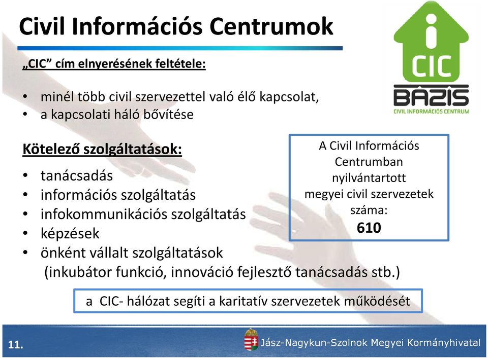 civil szervezetek infokommunikációs szolgáltatás száma: képzések 610 önként vállalt szolgáltatások (inkubátor funkció,