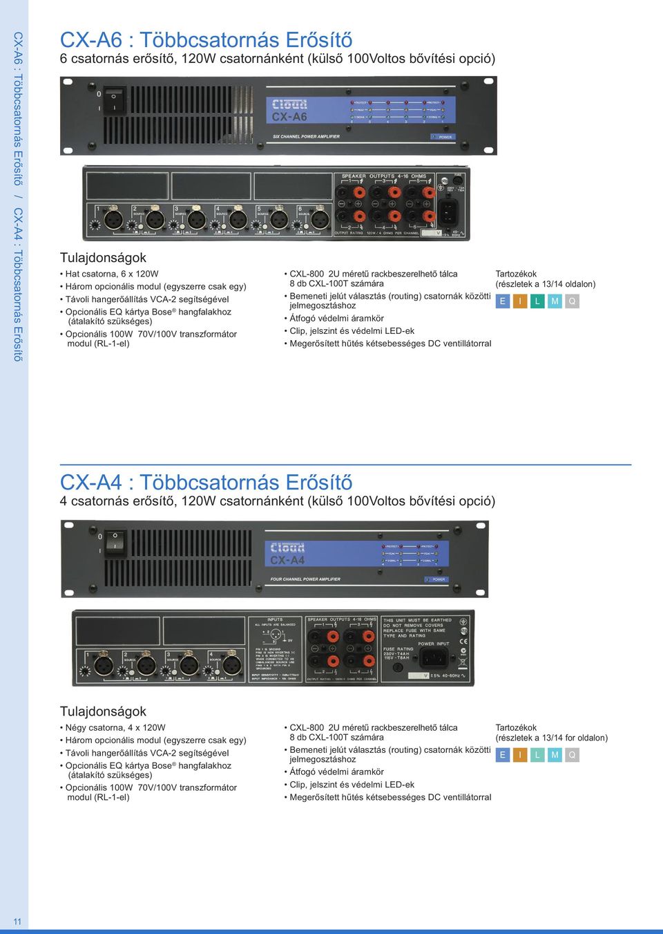 CXL-800 2U méretű rackbeszerelhető tálca 8 db CXL-100T számára Bemeneti jelút választás (routing) csatornák közötti jelmegosztáshoz Átfogó védelmi áramkör Clip, jelszint és védelmi LED-ek