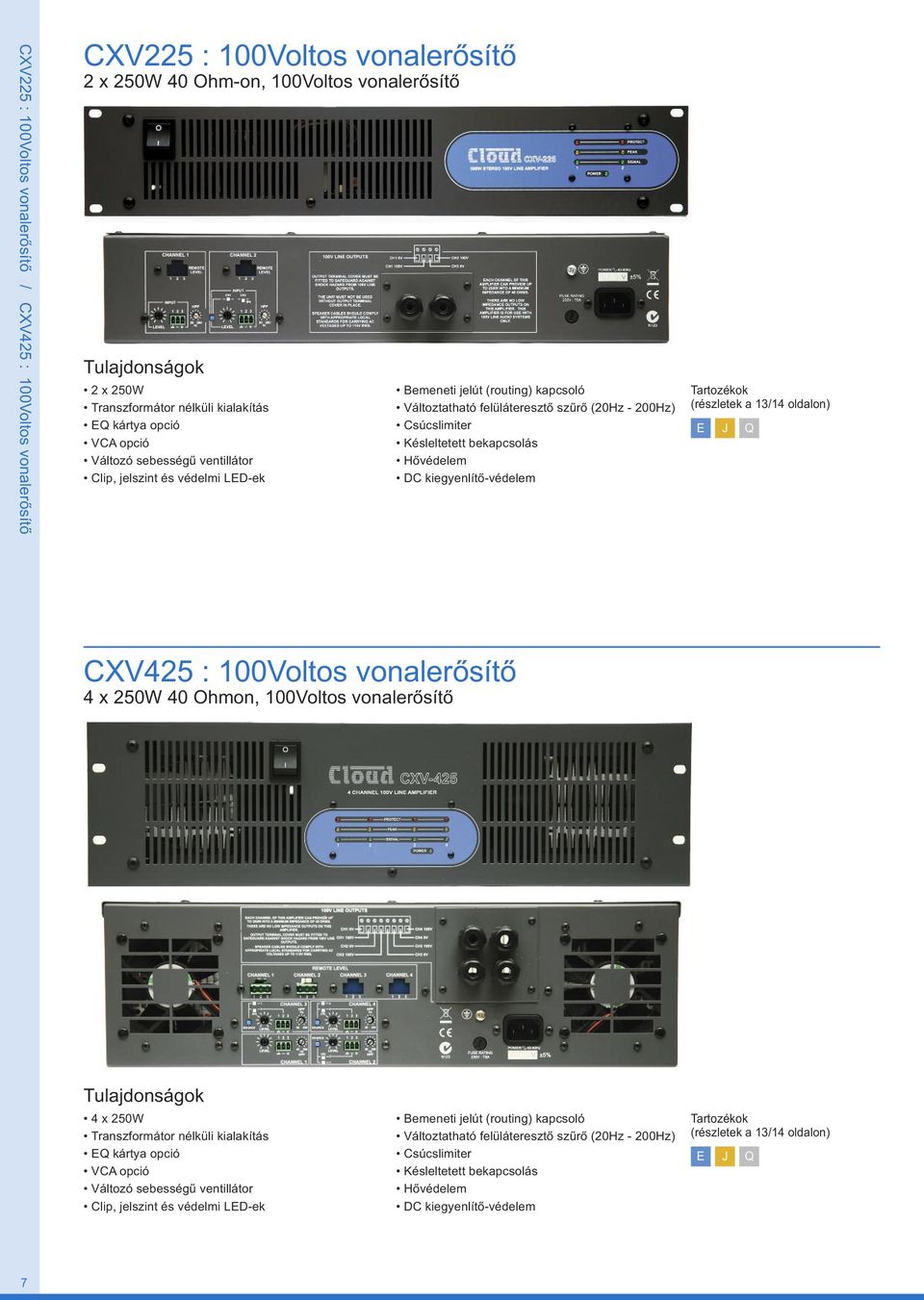 Hővédelem DC kiegyenlítő-védelem E J Q CXV425 : 100Voltos vonalerősítő 4 x 250W 40 Ohmon, 100Voltos vonalerősítő 4 x 250W Transzformátor nélküli kialakítás EQ kártya opció  Hővédelem DC