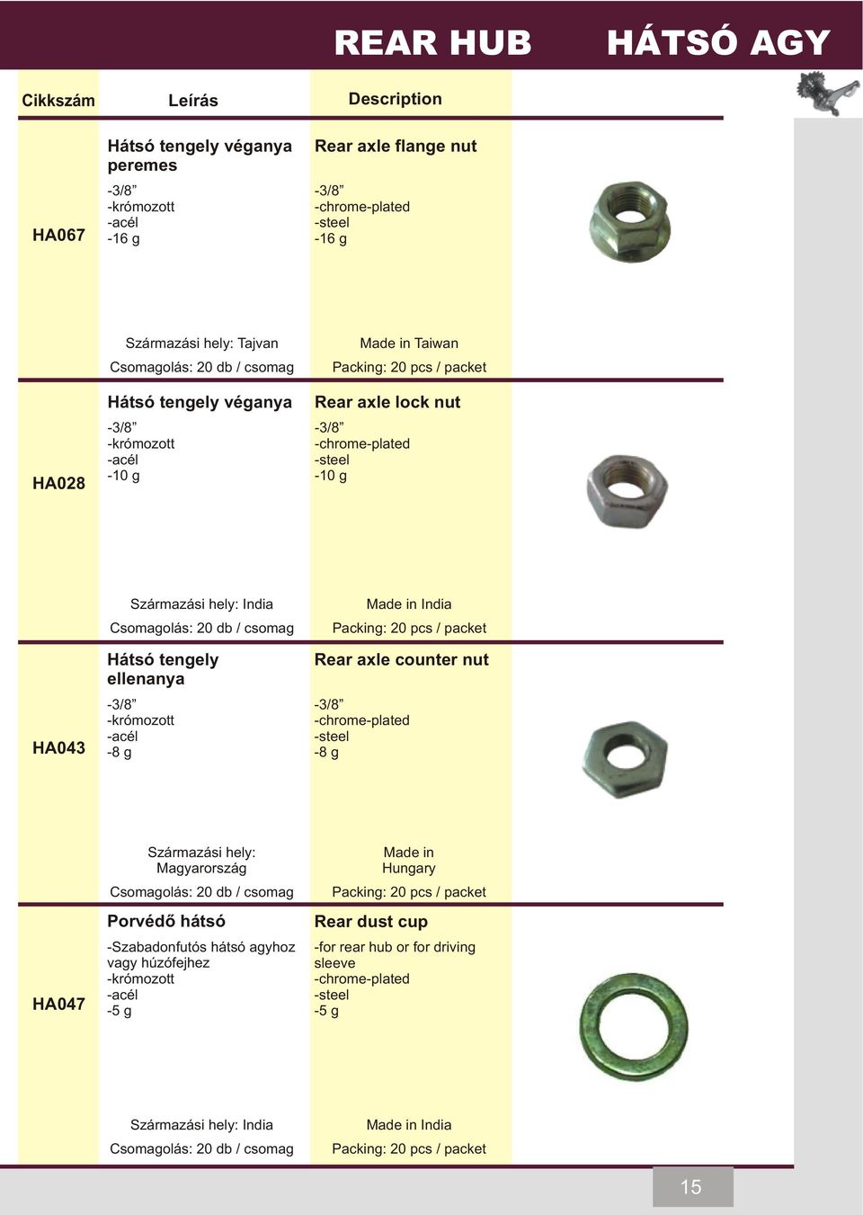 20 pcs / packet Rear axle counter nut -3/8-8 g HA047 Magyarország Csomagolás: 20 db / csomag Porvédõ hátsó -Szabadonfutós hátsó agyhoz vagy húzófejhez