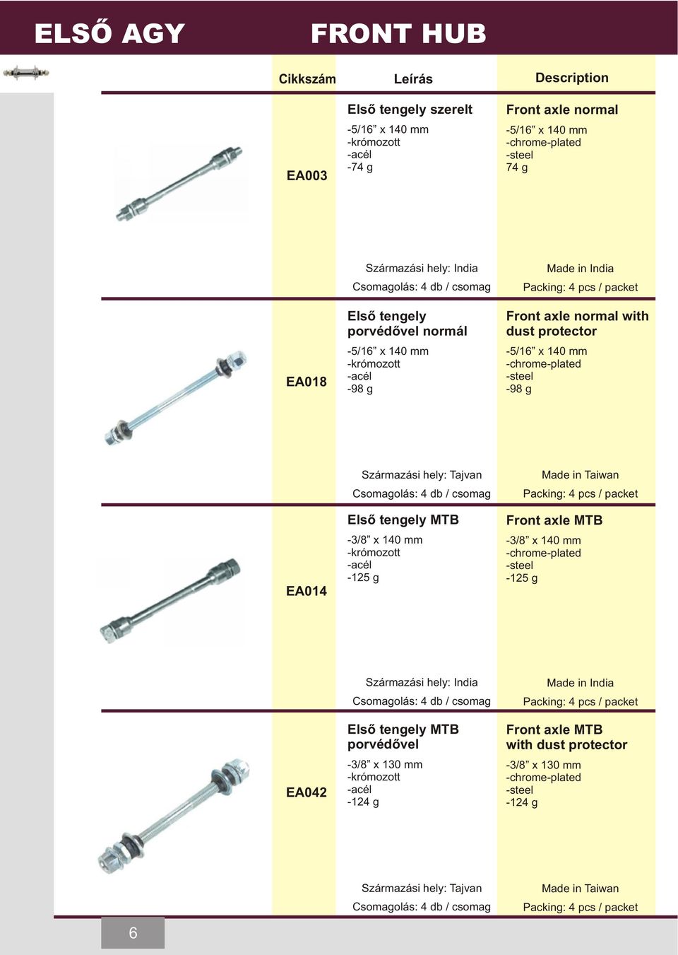 Elsõ tengely MTB -3/8 x 140 mm -125 g Packing: 4 pcs / packet Front axle MTB -3/8 x 140 mm -125 g EA042 India Csomagolás: 4 db / csomag Elsõ tengely MTB