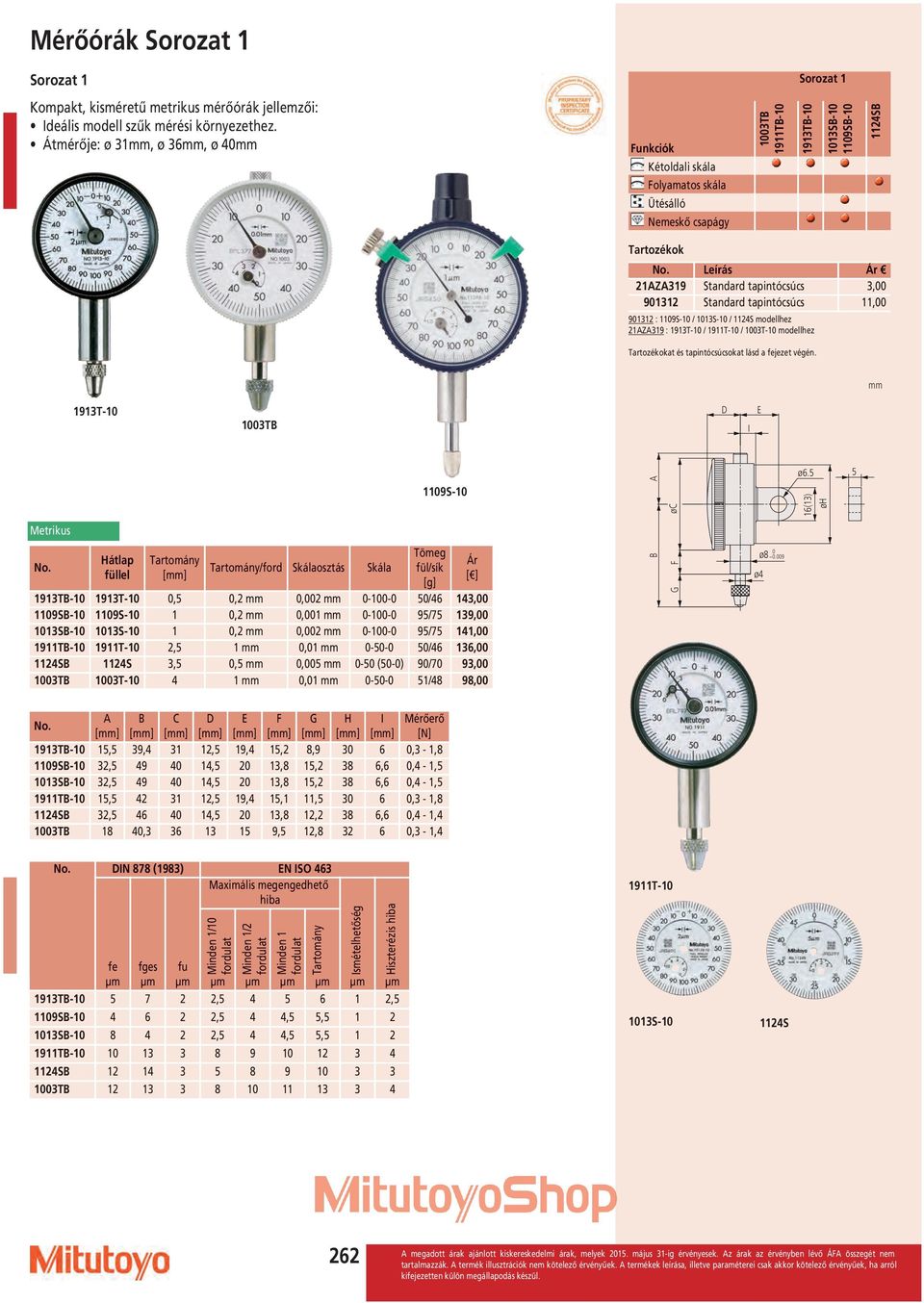 Standard tapintócsúcs 11,00 901312 : 1109S-10 / 1013S-10 / 1124S modellhez 21Z319 : 1913T-10 / 1911T-10 / 1003T-10 modellhez at és tapintócsúcsokat lásd a fejezet végén.