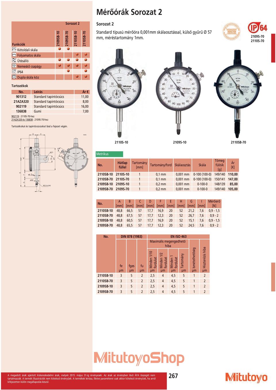 F Sorozat 2 Standard típusú mérőóra 0,001 skálaosztással, külső gyűrű Ø 57, méréstartomány 1. 2109S-70 2110S-70 D E 2110S-10 2109S-10 2110SB-70 10 B øc G ø8 0 0.009 ø4.8 I M2.5 0.45 ø6.5 16 øh 12.