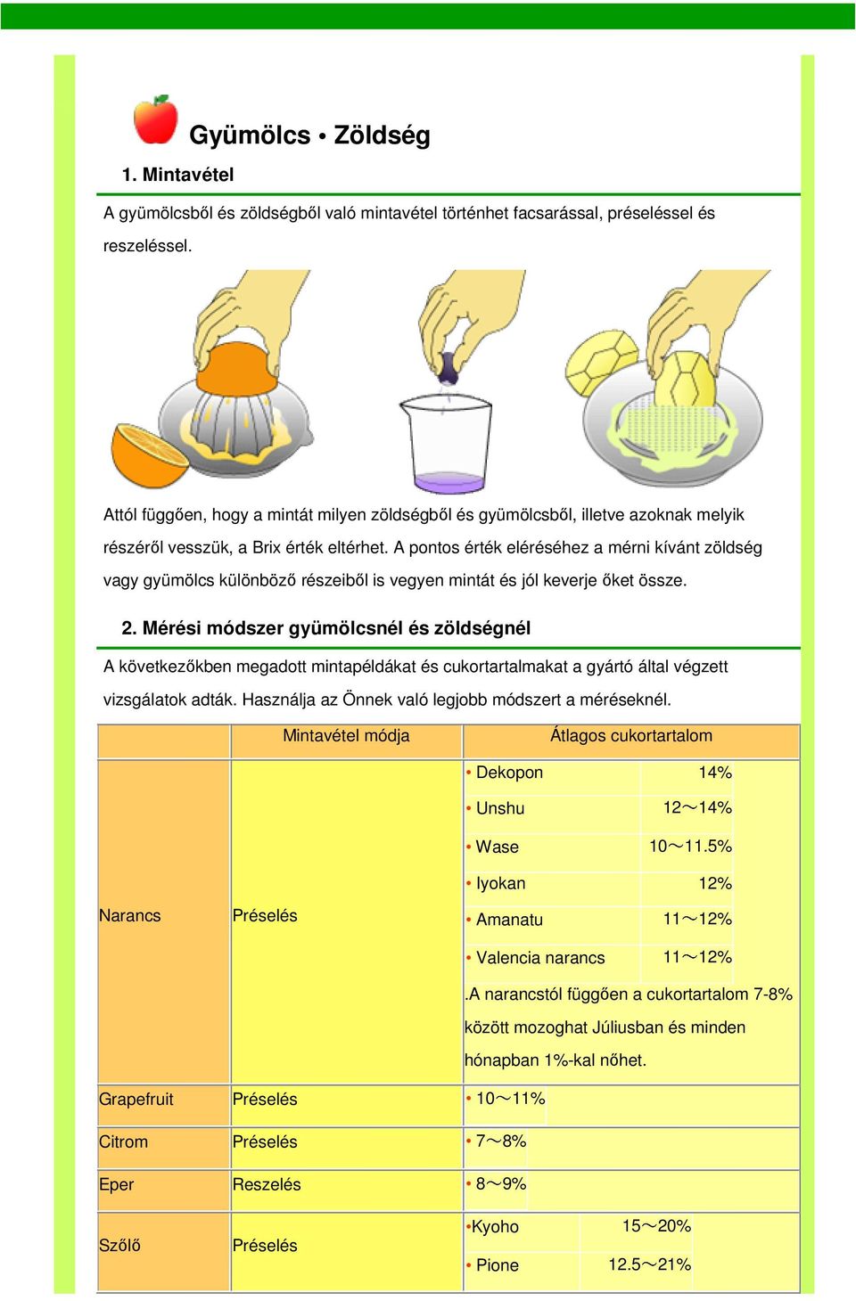 A pontos érték eléréséhez a mérni kívánt zöldség vagy gyümölcs különböző részeiből is vegyen mintát és jól keverje őket össze. 2.