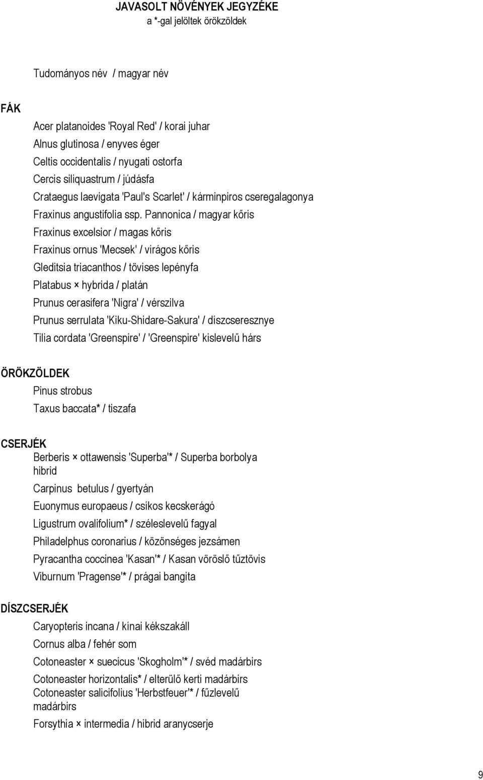 Pannonica / magyar kőris Fraxinus excelsior / magas kőris Fraxinus ornus 'Mecsek' / virágos kőris Gleditsia triacanthos / tövises lepényfa Platabus hybrida / platán Prunus cerasifera 'Nigra' /