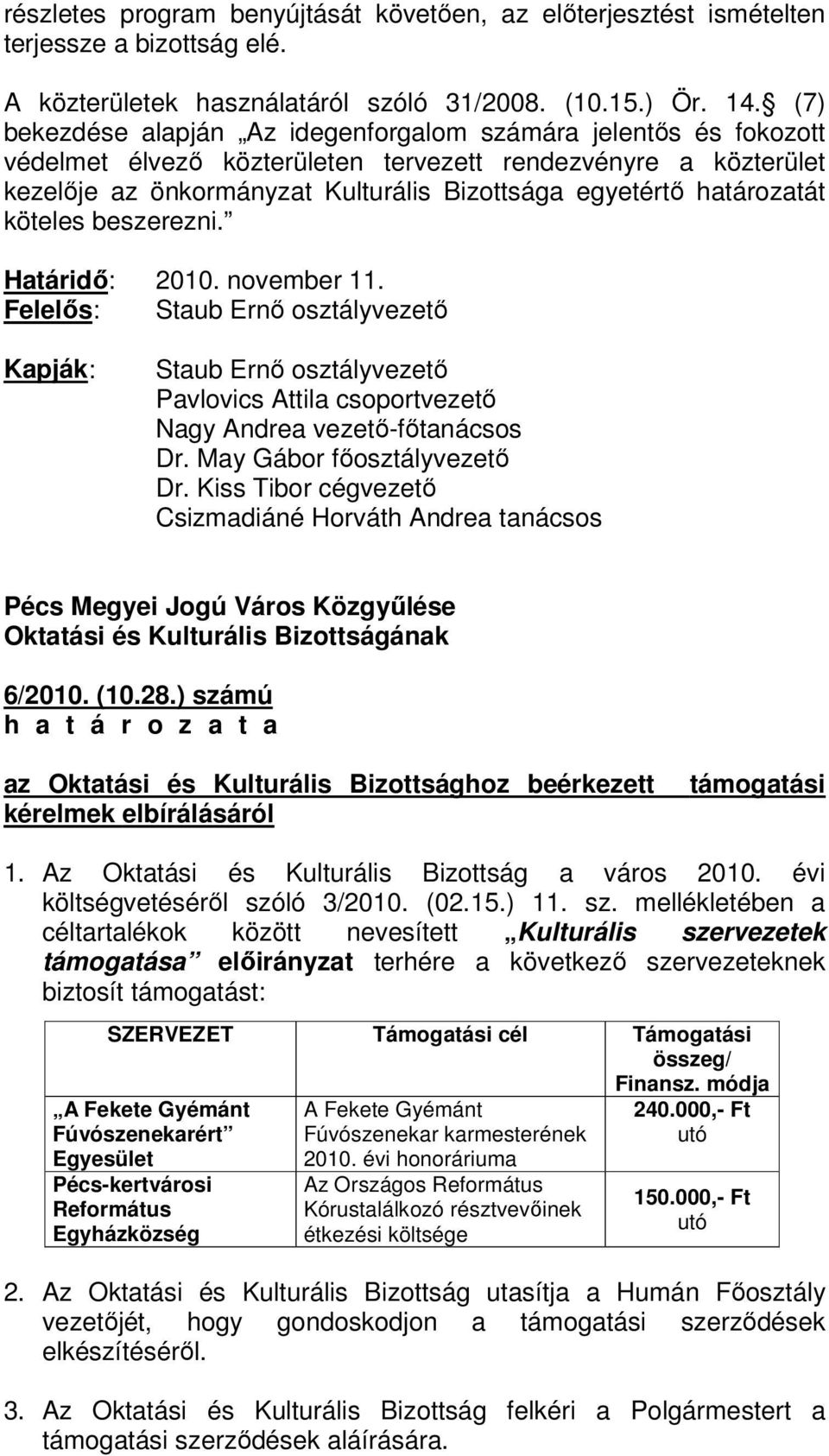 határozatát köteles beszerezni. Határidı: 2010. november 11. Felelıs: Dr. May Gábor fıosztályvezetı Dr. Kiss Tibor cégvezetı 6/2010. (10.28.