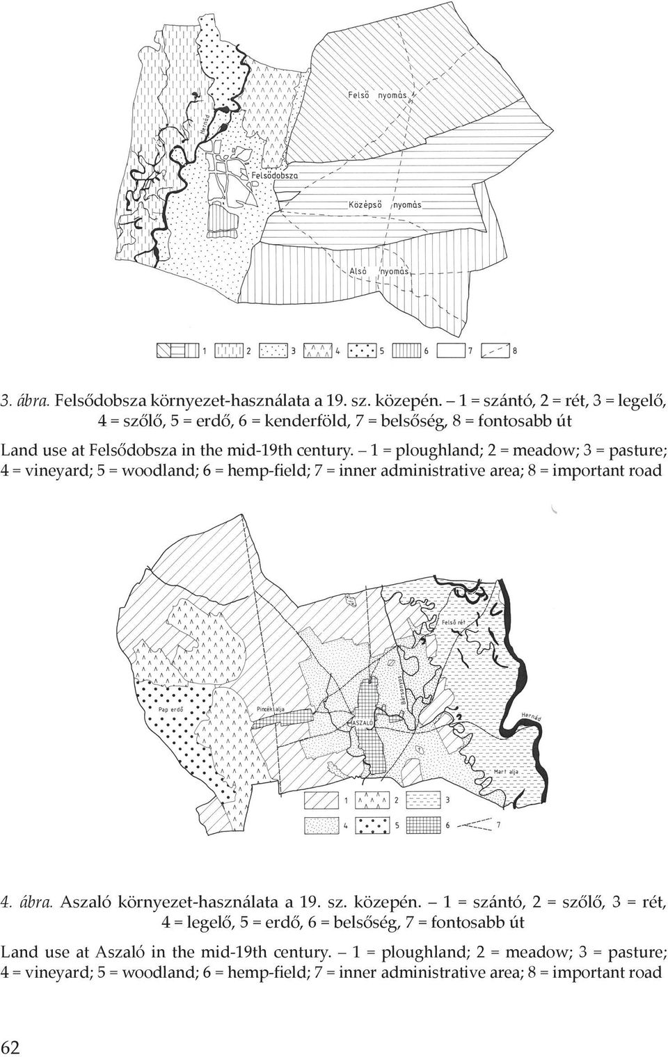 1 = ploughland; 2 = meadow; 3 = pasture; 4 = vineyard; 5 = woodland; 6 = hemp-field; 7 = inner administrative area; 8 = important road 4. ábra.
