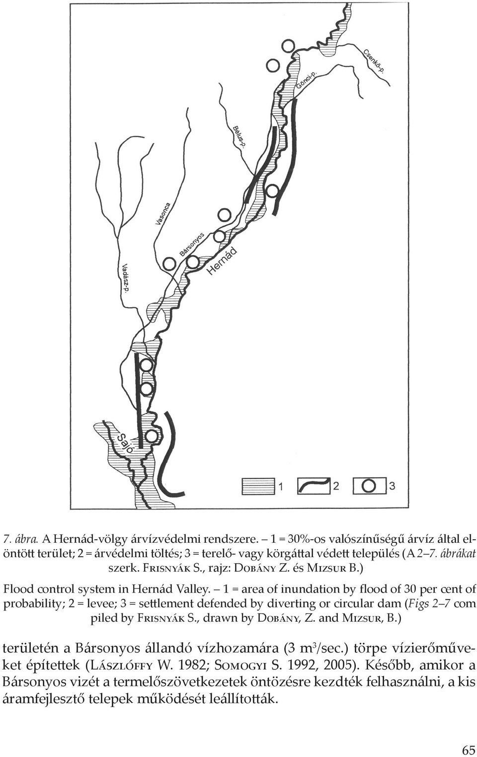 1 = area of inundation by flood of 30 per cent of probability; 2 = levee; 3 = settlement defended by diverting or circular dam (Figs 2 7 com piled by Frisnyák S., drawn by Dobány, Z.