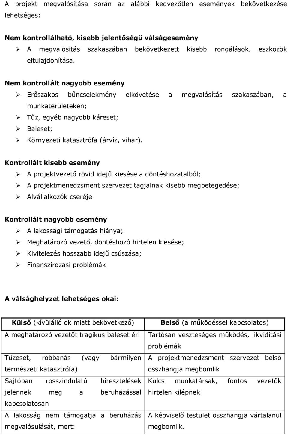 Nem kontrollált nagyobb esemény Erőszakos bűncselekmény elkövetése a megvalósítás szakaszában, a munkaterületeken; Tűz, egyéb nagyobb káreset; Baleset; Környezeti katasztrófa (árvíz, vihar).