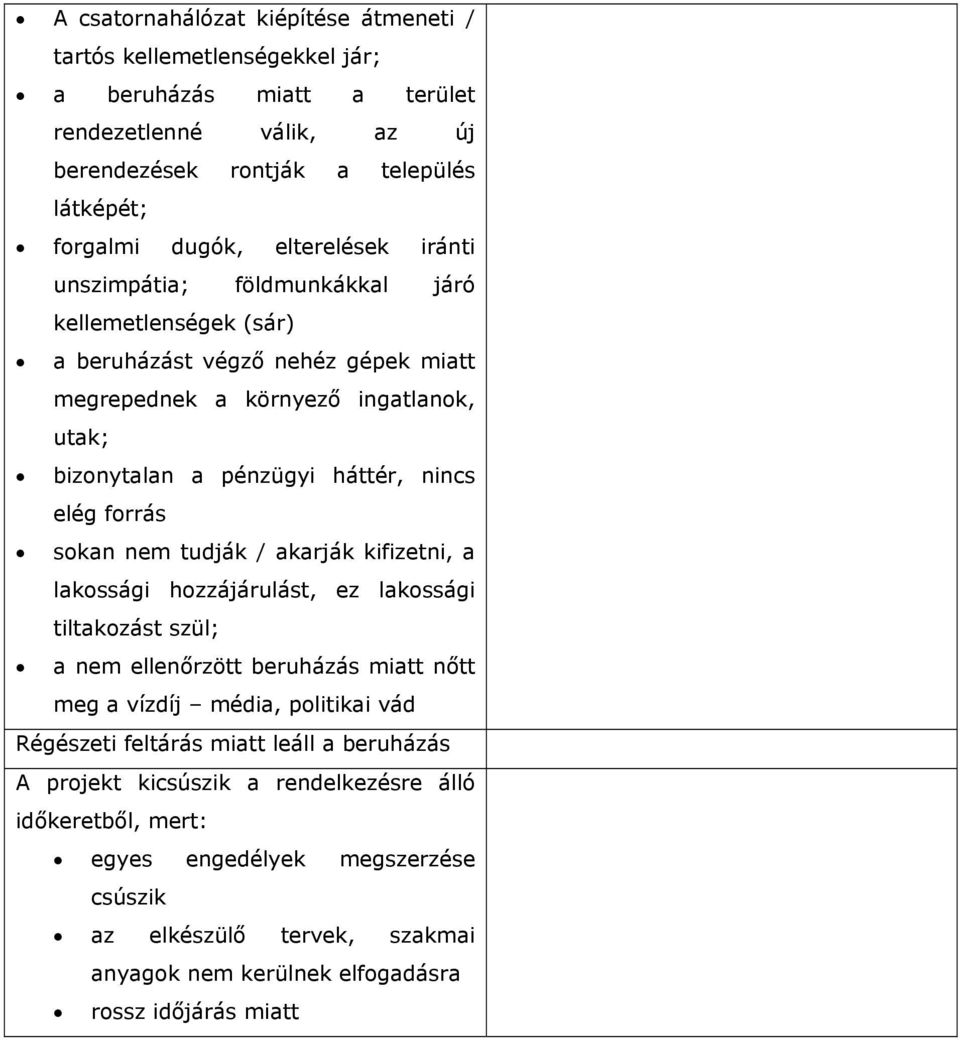 forrás sokan nem tudják / akarják kifizetni, a lakossági hozzájárulást, ez lakossági tiltakozást szül; a nem ellenőrzött beruházás miatt nőtt meg a vízdíj média, politikai vád Régészeti feltárás